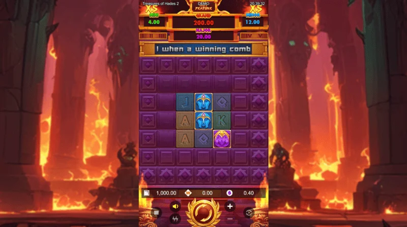 Treasures of Hades 2 — Rectangle Games'in 3×3 makaralı ve 20 ödeme çizgisine sahip slotunun ana oyun ekranı